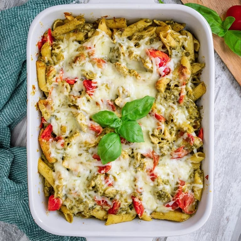 Aroma-kontrolliert: geröstete Hähnchenbruststreifen, cremiges Pesto und Tomatensauce sind perfekt gebacken.