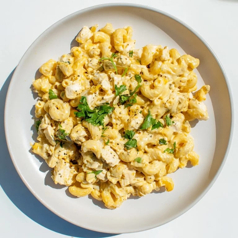 Makellos gebackenes Green Chili Chicken Mac in einer ofenfesten Schale mit goldbrauner Käsekruste, serviert mit Jalapeñoscheiben und einer frischen grünen Beilage auf dem Tisch.