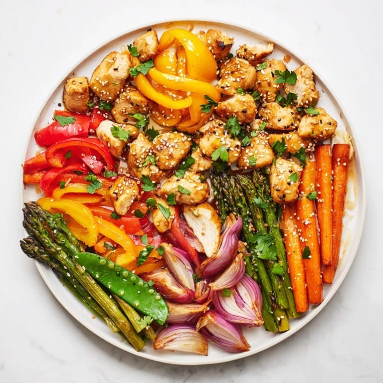 Goldbraun gebackene Hähnchenstücke und knackige Paprika, Zucchini und Spargel auf einem Backblech, beträufelt mit glasiger Honig-Knoblauch-Sauce.