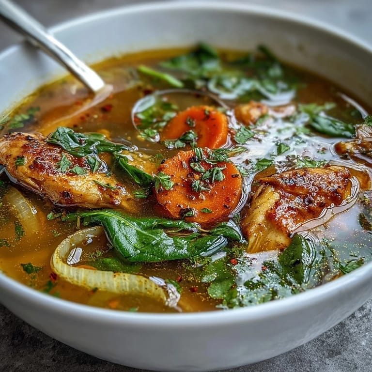 Duftende Turmeric Chicken Soup dampft warm aus der Kelle, serviert mit knackigem Brot.