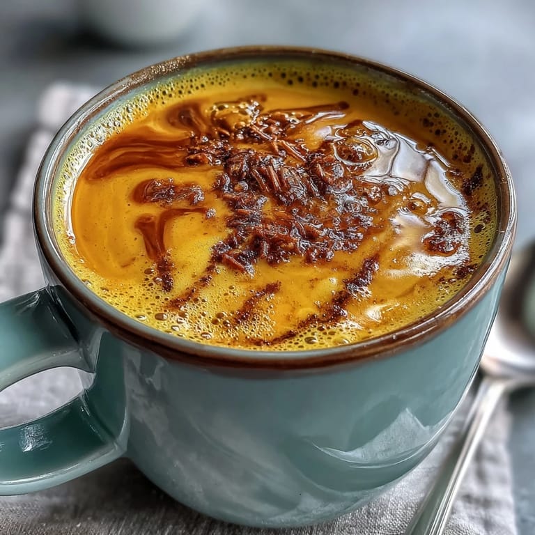 Ein beruhigendes Glas Goldene Milch mit Kurkuma und Ingwer auf einer Holzunterlage, garniert mit einem Kanelonenstern.