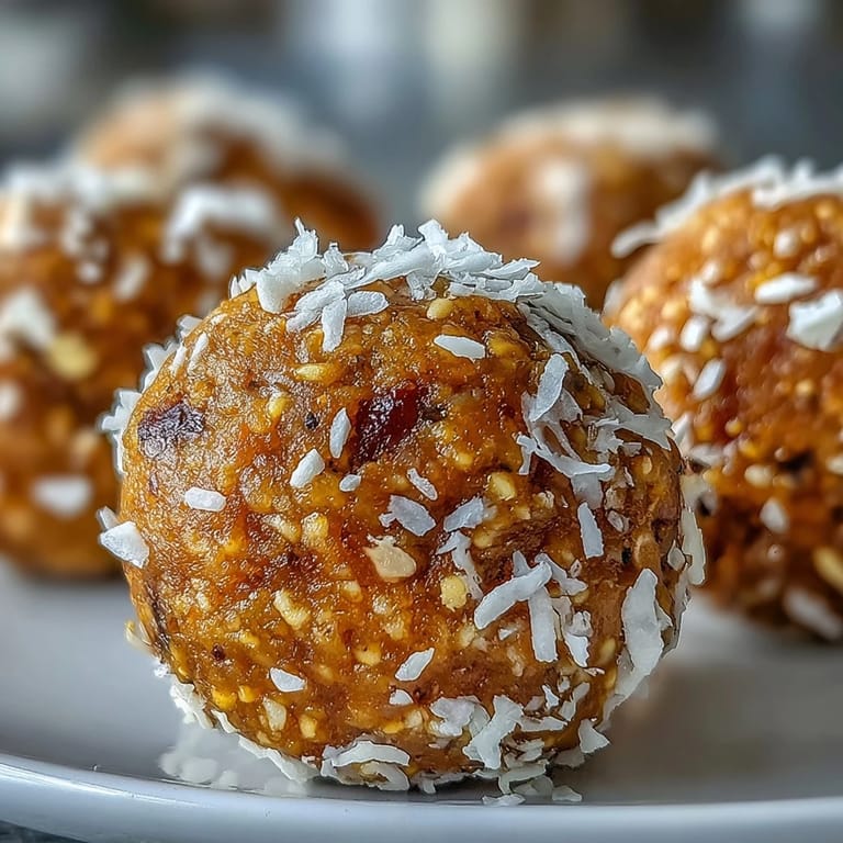 Vitalisierende Ingwer Kurkuma Energiebällchen, appetitlich aus Kokosnuss gerollt und bereit zum Genuss.