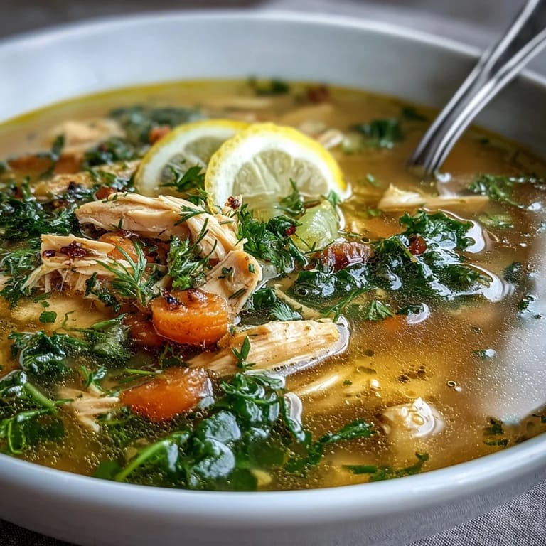 Cremige High Protein Lemon and Turmeric Chicken Soup mit zarter Babykale, gerösteten Karotten und würziger Zitronenschale.