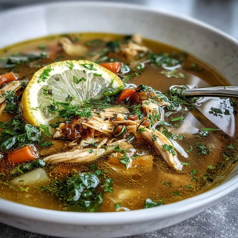 Frische High Protein Lemon and Turmeric Chicken Soup serviert in einer Schüssel mit dampfendem Garnem aus Dill und Zitrone.