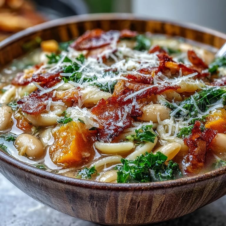 Creamy Fall Minestrone served in a rustic bowl topped with Parmesan and parsley.