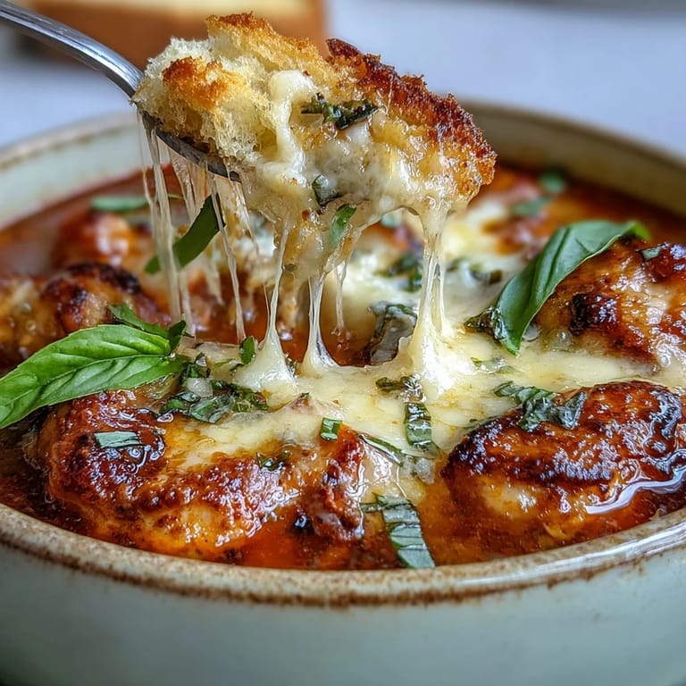 Dampfende Grilled Chicken Parmesan Soup in einer Holzschüssel, angerichtet mit knusprigen Croutons, geriebenem Parmesan und einem Hauch Olivenöl.