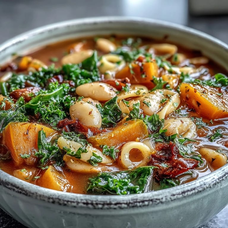 Steaming Winter Minestrone Soup with Butternut Squash and Kale served with a glass of white wine.