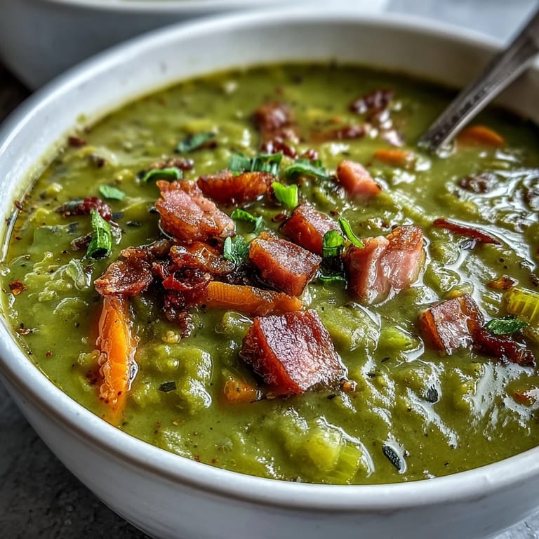 Deep green Split Pea and Ham Soup simmering in a Dutch oven with chunks of tender ham.