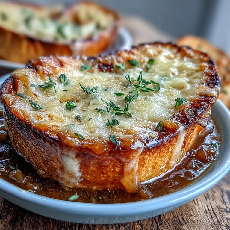 Golden, bubbly cheese topping on Dutch Oven French Onion Soup in an oven-safe bowl.