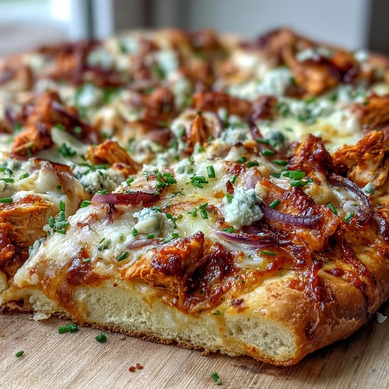 Buffalo Chicken Pizza mit gebratenem Hähnchen, Zwiebelringen und Blauschimmelkäse, serviert mit frischen Schnittlauch-Fetzen.