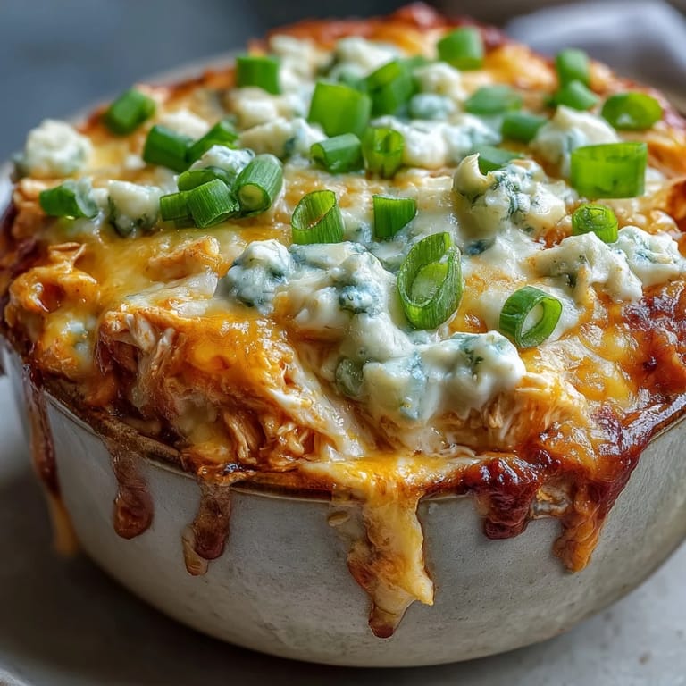 Crock Pot Buffalo Chicken Dip auf einem Holztisch mit Ranch-Dressing und würziger Sauce