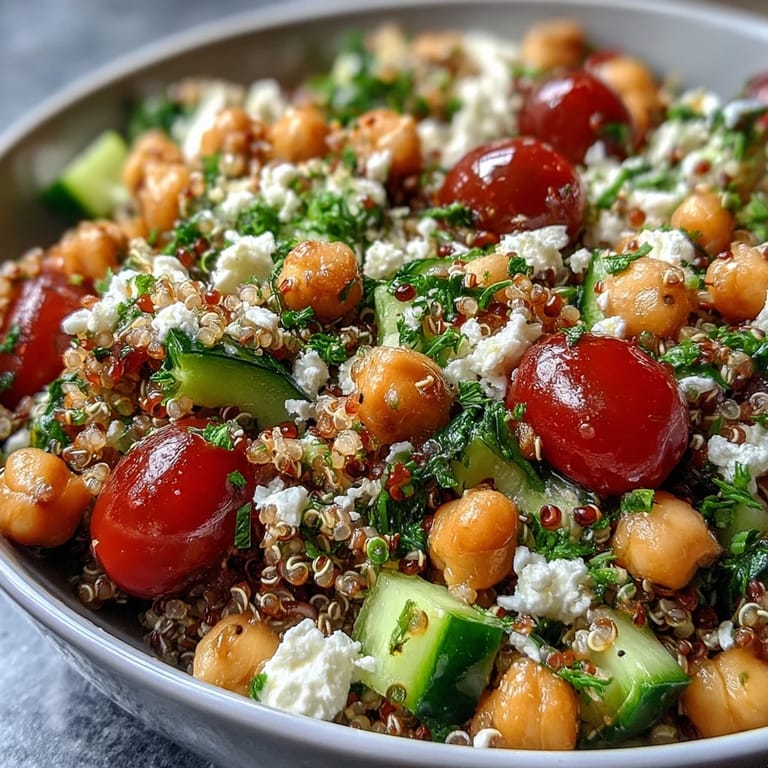 A close-up of High Protein Quinoa & Chickpea Salad, featuring diced cucumber, chickpeas, and a glossy lemon-olive oil dressing.