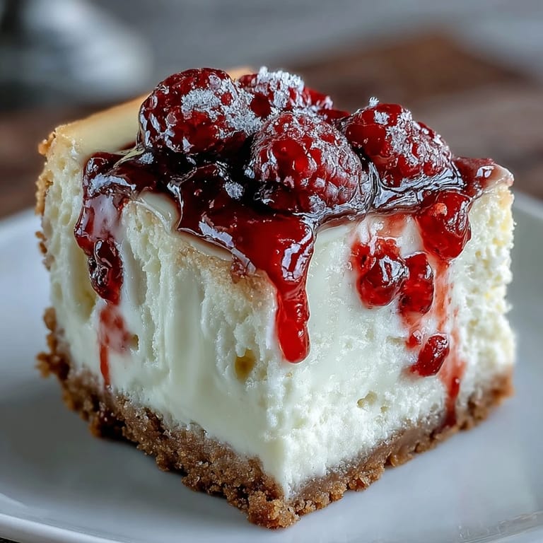 Geschmolzener White Chocolate und Himbeeren verleihen dem White Chocolate Raspberry Cheesecake Bliss eine wunderbare Textur und Farbe.