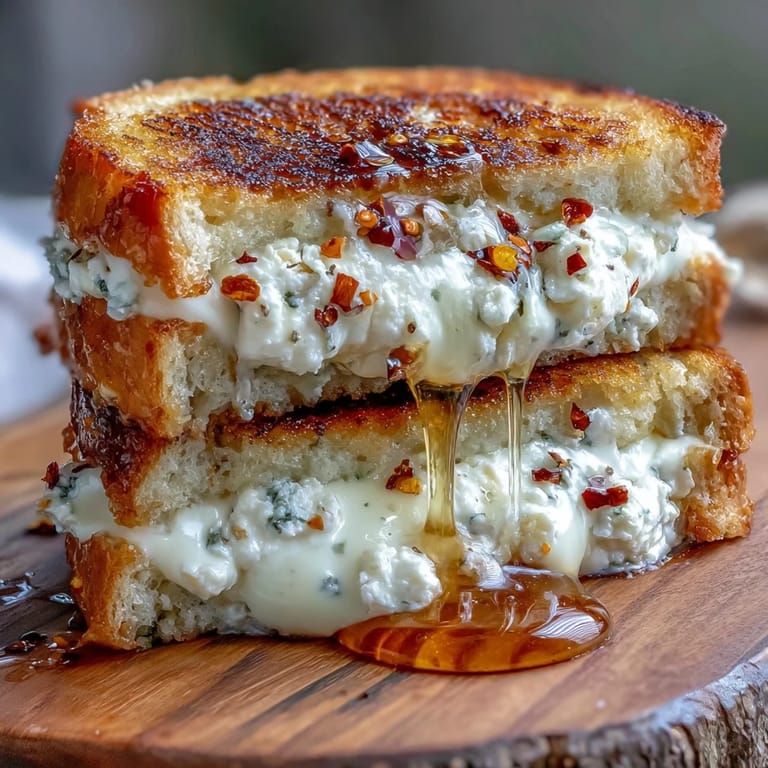 Goat Cheese Grilled Cheese mit flüssigem Honig und scharfen Chili-Flocken, frisch aus der Pfanne.