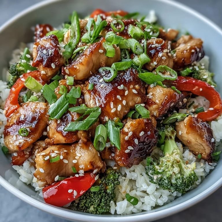 Chicken and Rice Bowl mit goldenem Hähnchen, duftendem Reis und farbenfrohem Gemüse, perfekt für ein schnelles, gesundes Abendessen.