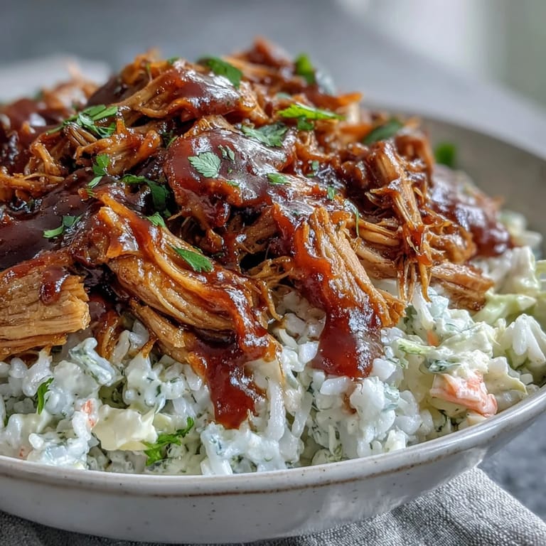 Close-up view of a hearty Pulled Pork Bowl, highlighting glistening BBQ sauce drizzled over rice, shredded pork, and vibrant coleslaw.