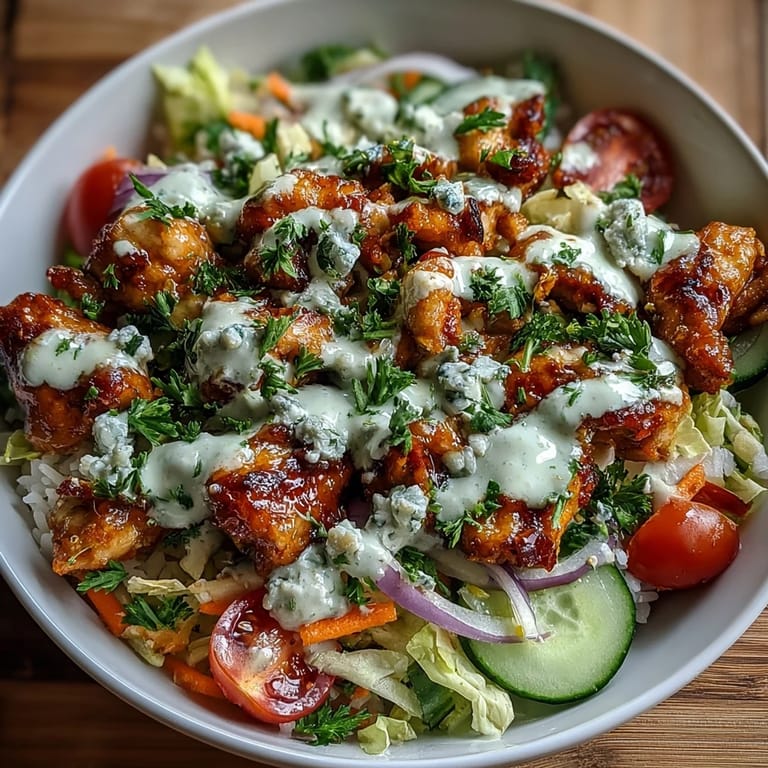 Genieße die Schärfe dieses Buffalo Chicken Bowls mit Blauschimmelkäse und frischen Tomaten.  