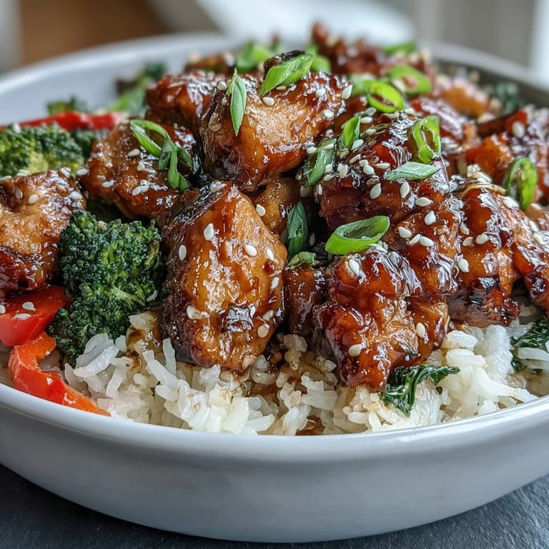 Close-up of glossy honey garlic sauce coating tender chicken pieces on rice with crisp broccoli and carrots.  