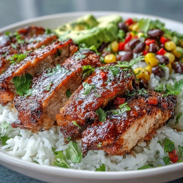 Frisch zubereiteter Cajun Chicken Bowl mit Avocado, Koriander und Limettenkeilen für einen südlichen Geschmack.