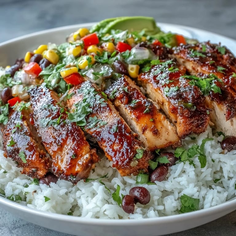 Cajun Chicken Bowl: Goldbraunes Hühnchen mit Gewürzen auf fluffyem Reis, schwarzen Bohnen und buntem Gemüse.