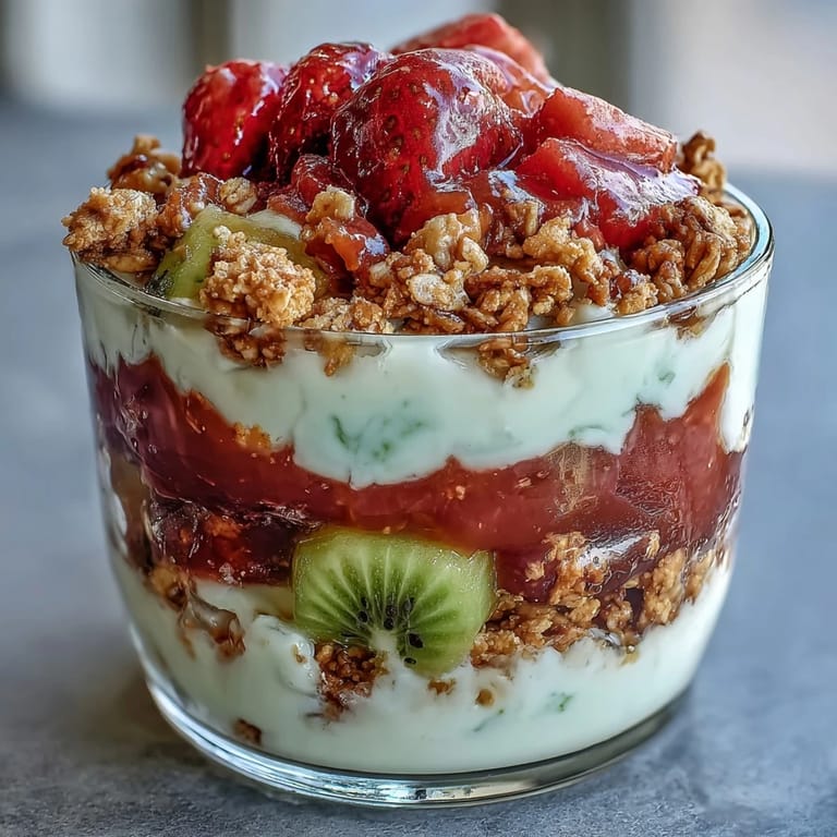 Top view of a colorful Guava-Flavored Yogurt Parfait with mint garnish and coconut flakes, ready to serve or refrigerate.