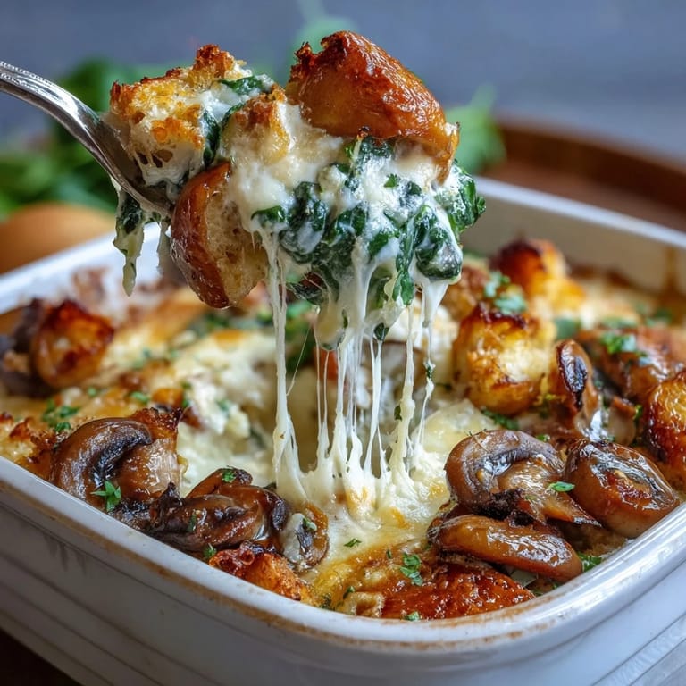 Juicy Chicken Spinach & Mushroom Low Carb Oven Dish served in a casserole dish, steam rising from melted cheese.