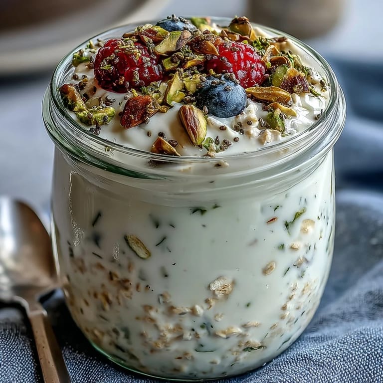 Healthy pistachio overnight oats prepared with Greek yogurt, milk, and chia seeds.