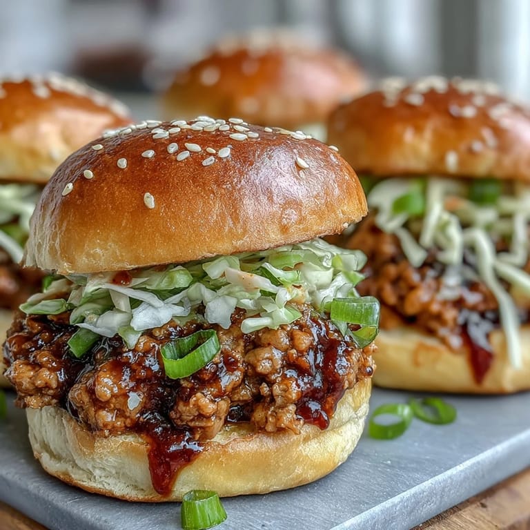 Fruchtig-würzige Korean Turkey Sloppy Joe Sliders mit frischen Gemüse-Toppings und bunten Brötchen.