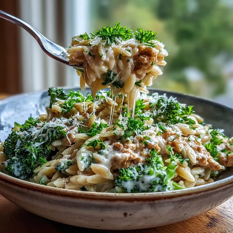 Creamy Garlic Turkey & Broccoli Orzo served with a glass of white wine and a crisp side salad.