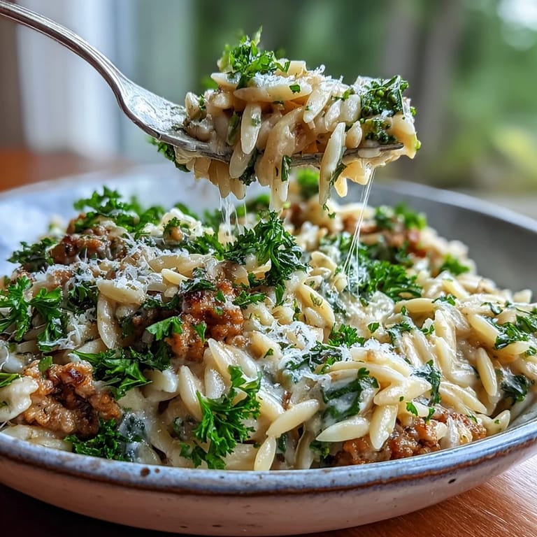 Creamy Garlic Turkey & Broccoli Orzo on a plate, fork-ready, with tender turkey and bright broccoli florets.