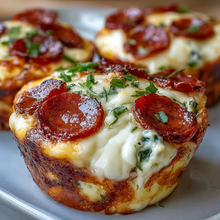 Goldbraun gebackene High-Protein Pepperoni Breakfast Cups, serviert warm mit würziger Tomatensauce zum Dippen.