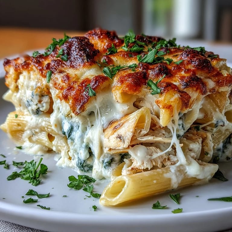 Leckere Greek Yogurt Chicken Alfredo Bake auf einem Teller mit Petersilie bestreut, serviert neben einem grünen Salat.