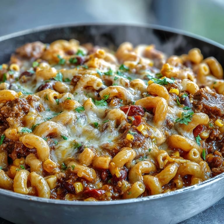 One-Pot Tex-Mex Chili Mac with Corn is served in a deep skillet topped with fresh cilantro, jalapeños, and a dollop of sour cream.