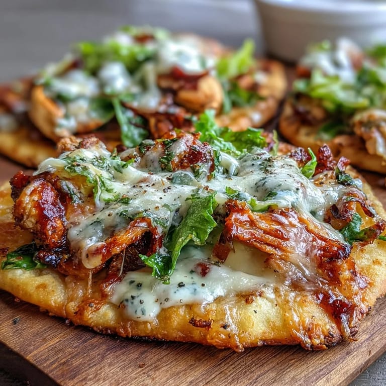 Frisch aus dem Ofen: Garlic Naan Chicken Caesar Pizzas, belegt mit Römersalat und Parmesan