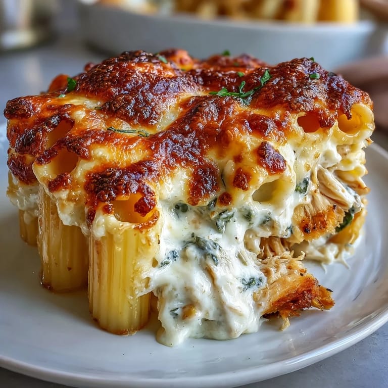 Löffel vollendet ein Stück Greek Yogurt Chicken Alfredo Bake mit glänzender Käsekruste und dampfender Sauce.
