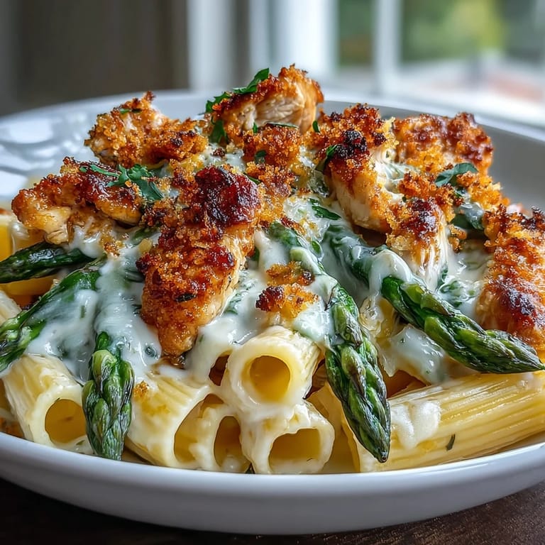 Dieses Crispy Parmesan Asparagus Chicken Pasta zeigt al dente Nudeln, zarte Hähnchenstreifen und knusprigem Spargelrand.