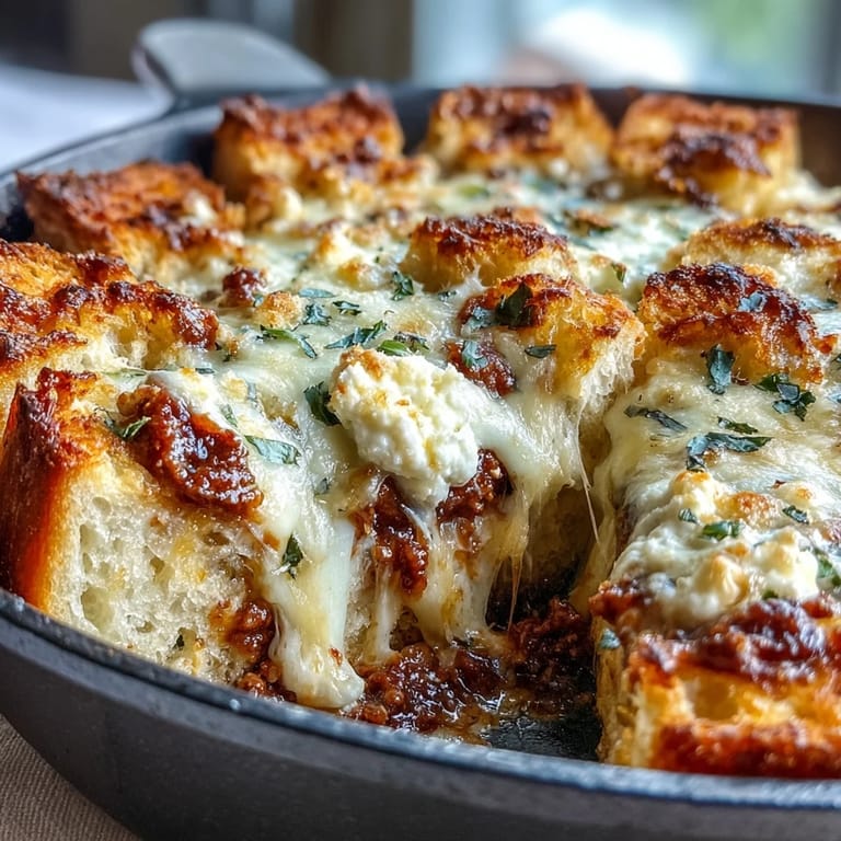 Die Cheesy Garlic Bread Lasagna Skillet blubbert vor Hitze, mit knusprigen Brotkanten und geschmolzenem Mozzarella auf einer gusseisernen Pfanne.