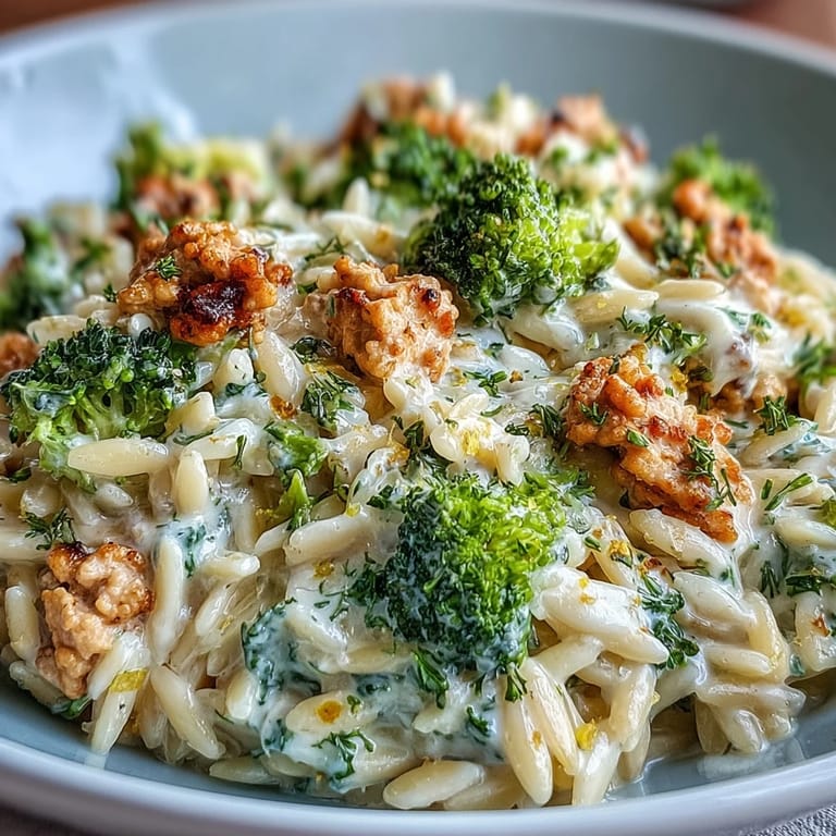 Frisch gekochtes Cremige Knoblauch-Gobbelt & Brokkoli Orzo mit Brokkoliröschen und geriebenem Parmesan garniert.