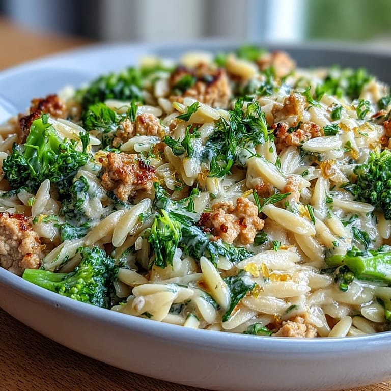 Sättigendes Cremige Knoblauch-Gobbelt & Brokkoli Orzo Hauptgericht mit goldbrauner Kruste und Zitronenzesten.
