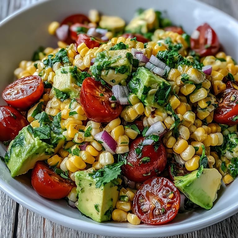 Ein erfrischender Fresh Corn and Tomato Salad mit süßen Maiskolben, roten Tomaten und cremigem Avocado, belegt auf einem weißen Teller.