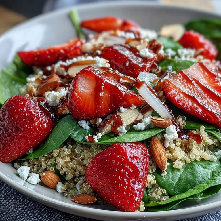 A close-up of Strawberry Spinach Quinoa Salad with Balsamic, highlighting the tangy vinaigrette and crumbled feta. 