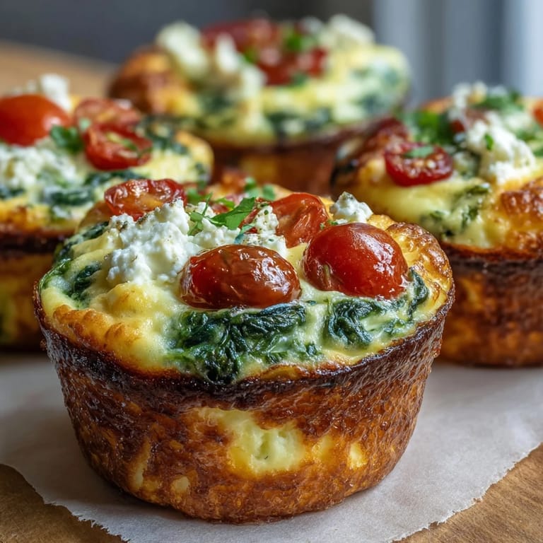Frisch gebackene High-Protein Egg Muffin Cups mit Spinat und Tomaten, hell und luftig im Muffinförmchen.