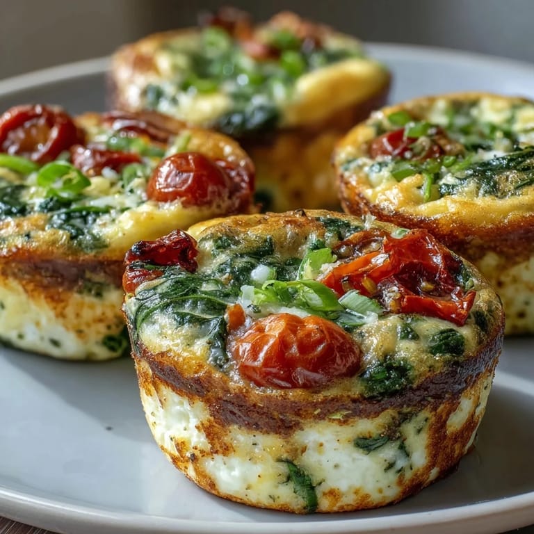 Goldbraune High-Protein Egg Muffin Cups mit Spinat und Tomaten neben einer Tasse Kaffee am Frühstückstisch.