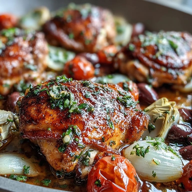 Juicy One-Pan Mediterranean Chicken with Olives and Artichokes fresh from the skillet, garnished with parsley and lemon zest for an easy weeknight dinner.