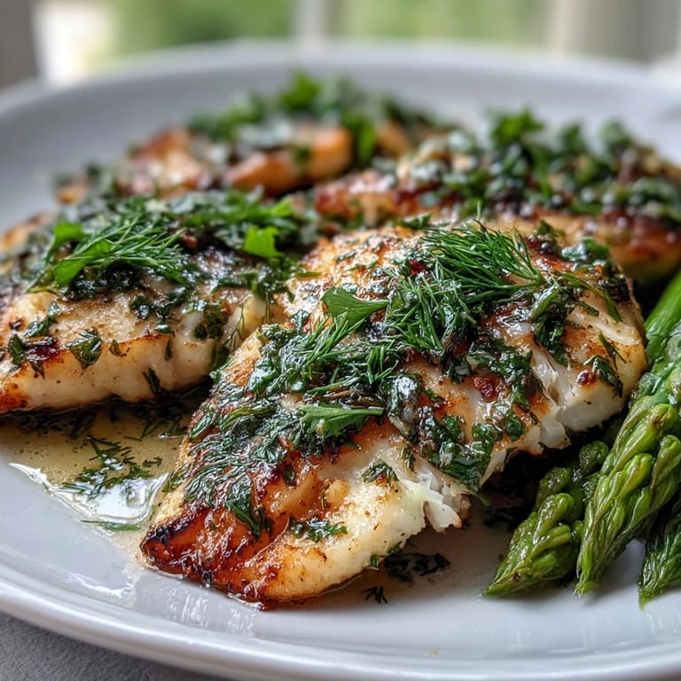 Leichtes Abendessen: Flüssige Tilapia-Filets mit Zitronen-Kräuter-Soße und hellgrünem, gedünstetem Spargel.