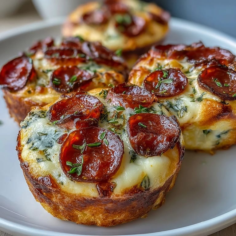 Goldbraun gebackene High-Protein Pepperoni Breakfast Cups werden warm mit Pizza-Sauce und frischem Basilikum serviert.