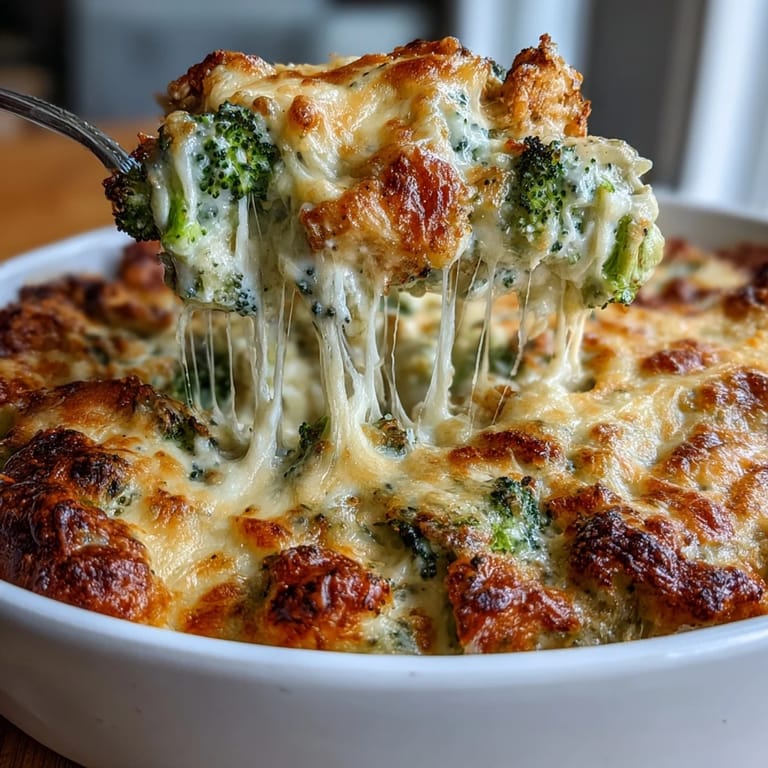 Goldener Keto-Auflauf mit frischem Brokkoli, cremiger Käsesauce und würzigem Hühnchenfleisch.  