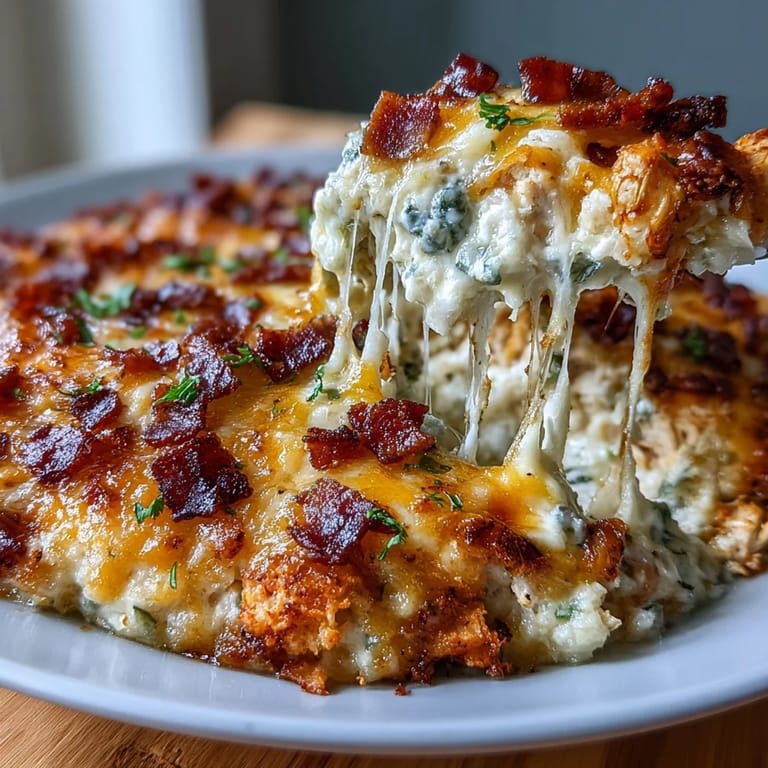 Köstliche Keto Jalapeño Popper Chicken Casserole mit Blumenkohfreis, knusprigem Bacon und cremigem Käse, perfekt für kohlenhydratarme Ernährung.