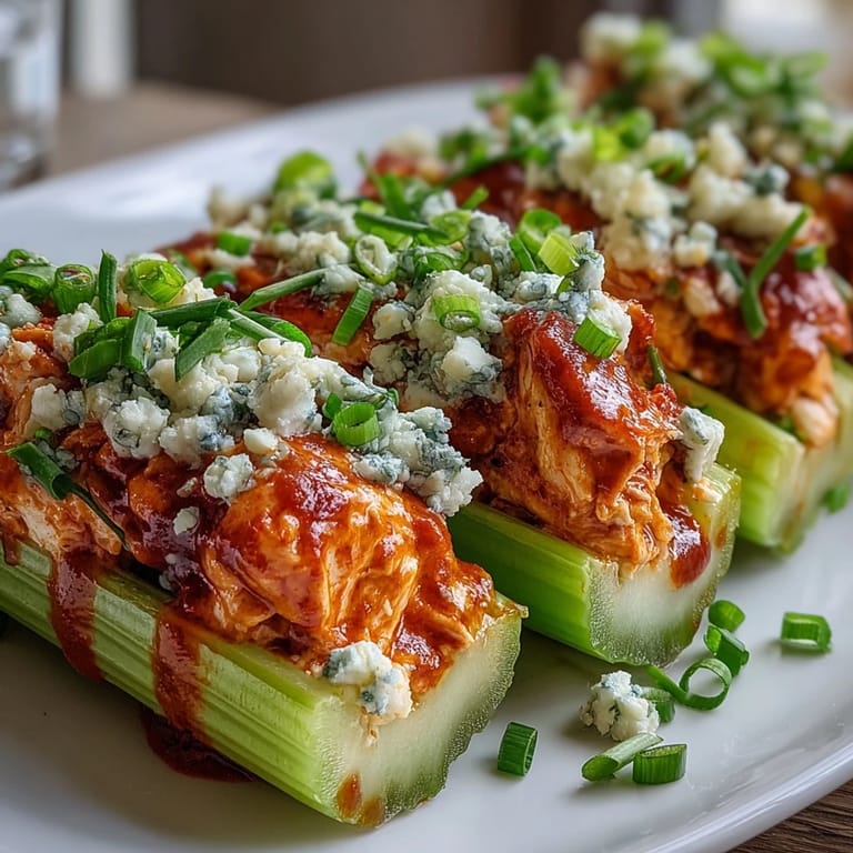 Sellerie-Boote mit würzigem Buffalo-Hühnchen, gekrönt von cremigem Blauschimmelkäse.