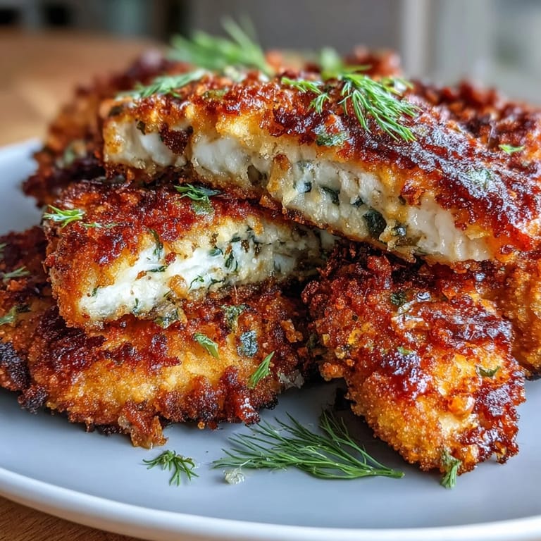 Saftiges Hähnchen mit knuspriger Parmesan-Panade, mariniert in Dillgurken-Sud und goldbraun gebraten.  